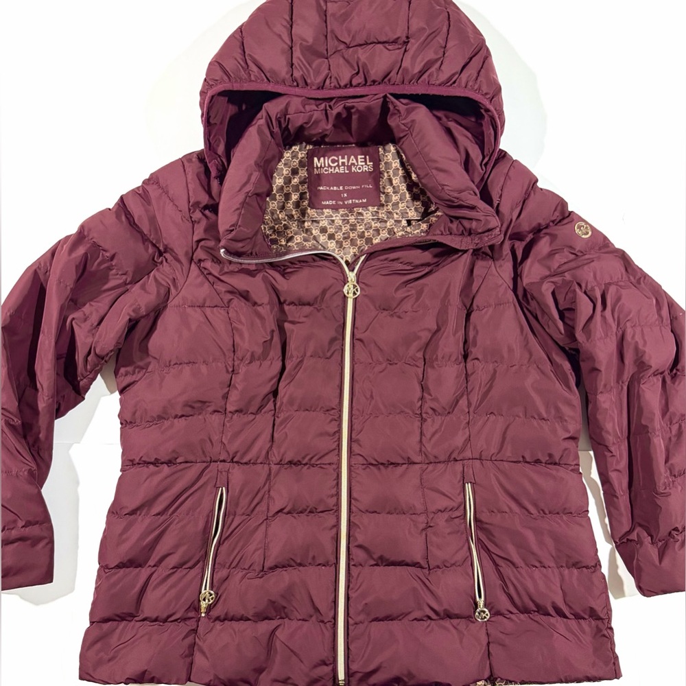 Michael Kors Women's Burgundy Hooded Quilted Puffer Jacket with Gold Accents